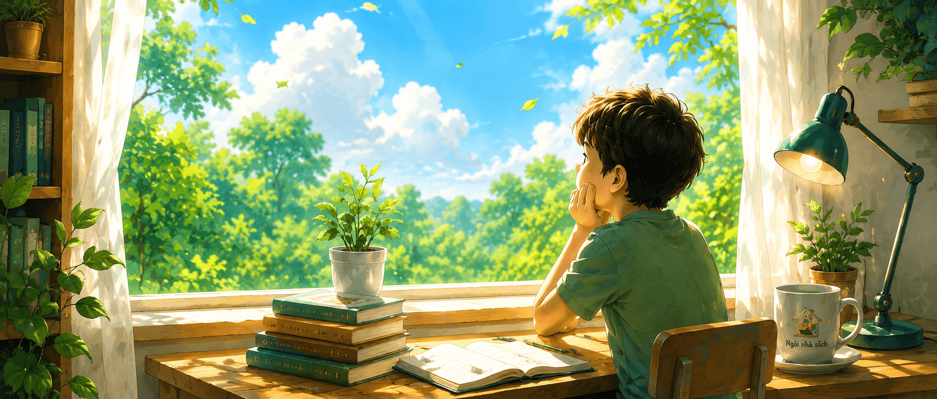 Góc đọc sách mùa hè nhìn ra khu vườn xanh