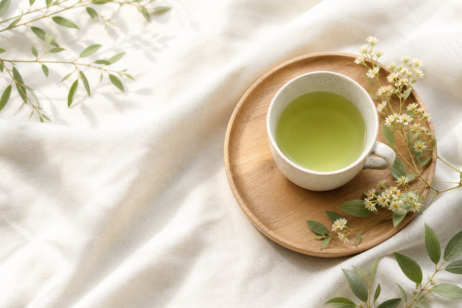 Tách trà xanh trên khay gỗ cùng hoa lá và vải sáng màu