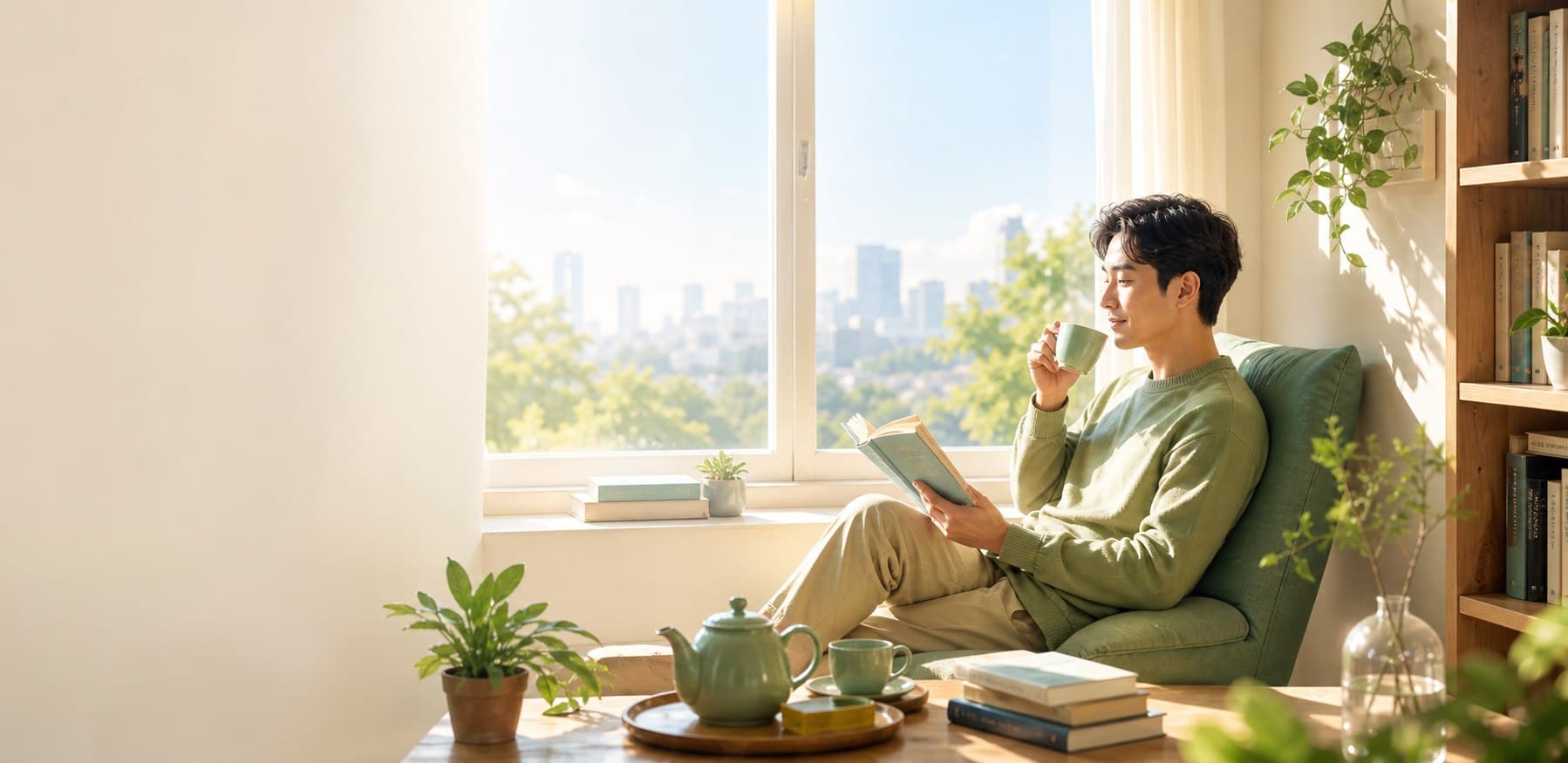 Người đàn ông đọc sách và thưởng trà bên cửa sổ trong nắng sớm