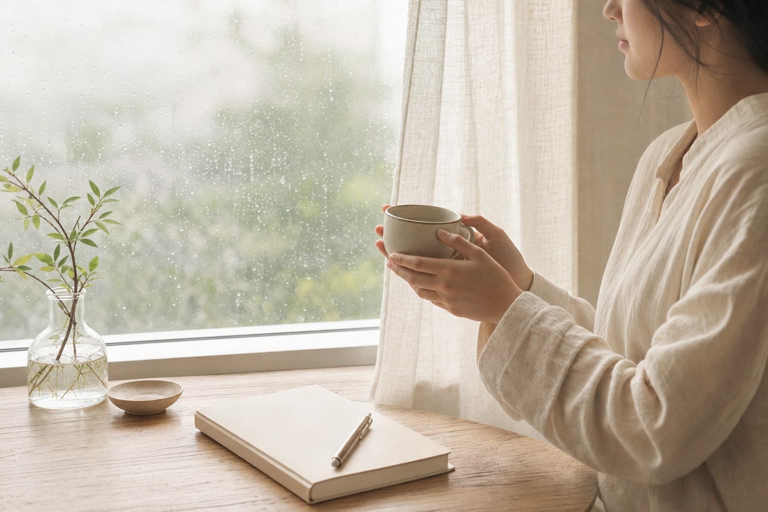 Người phụ nữ thả lỏng bên cửa sổ mưa nhẹ với tách trà và cuốn sổ khép lại